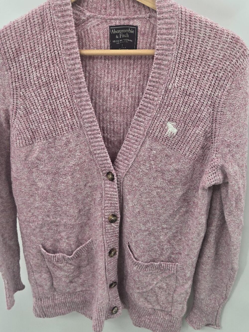Abercrombie & Fitch Heathered Pink Ribbed Knit Moose Logo Sweater Cardigan Small